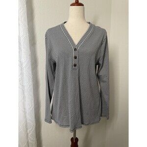 Chico’s Navy White Striped Henley Top Long Sleeve V Neck Knit Casual Size 3 XL